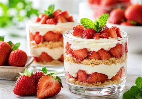 Schichten: Chia-Pudding, Joghurt, Erdbeeren