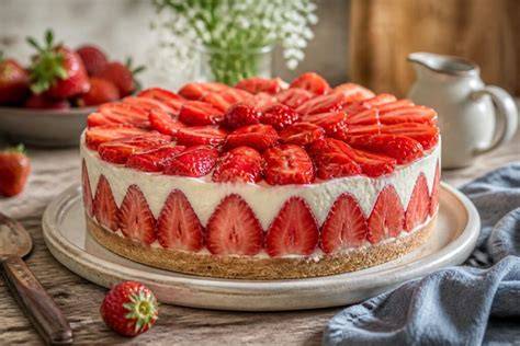 Schichten: Keksboden, Pudding‑Schmand, Erdbeeren, Tortenguss