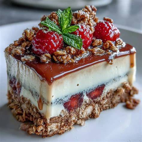 Schichten aus Creme, gefrorenen Beeren und Granola