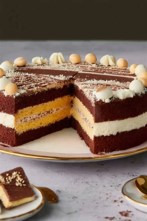 Schichten der 3 Tage Torte mit hellen und dunklen Böden