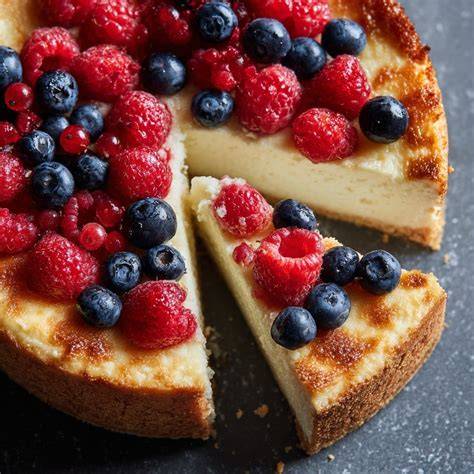 Schichten der Frischkäsecreme und Beeren auf dem Keksboden