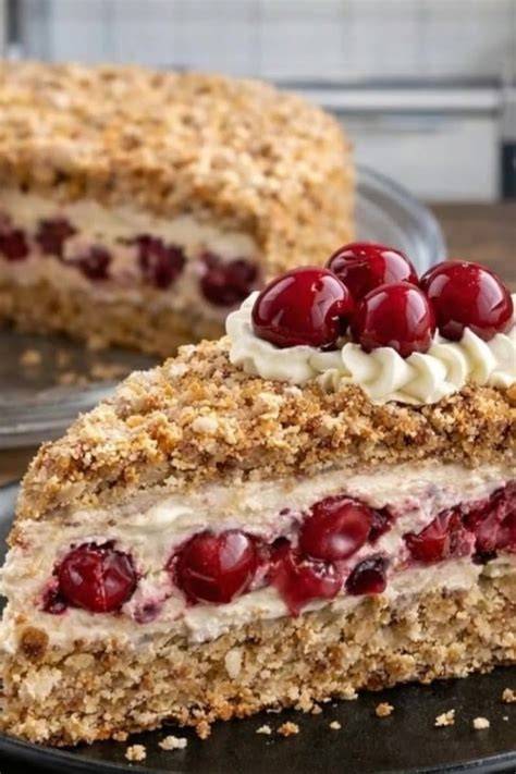 Schichten einer Nougat-Kirsch-Torte: Nussboden, cremige Füllung, Kirschspiegel