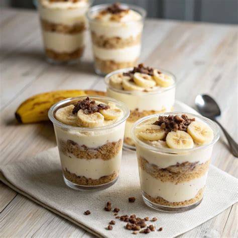 Schichten eines Schoko-Bananen-Desserts im Glas