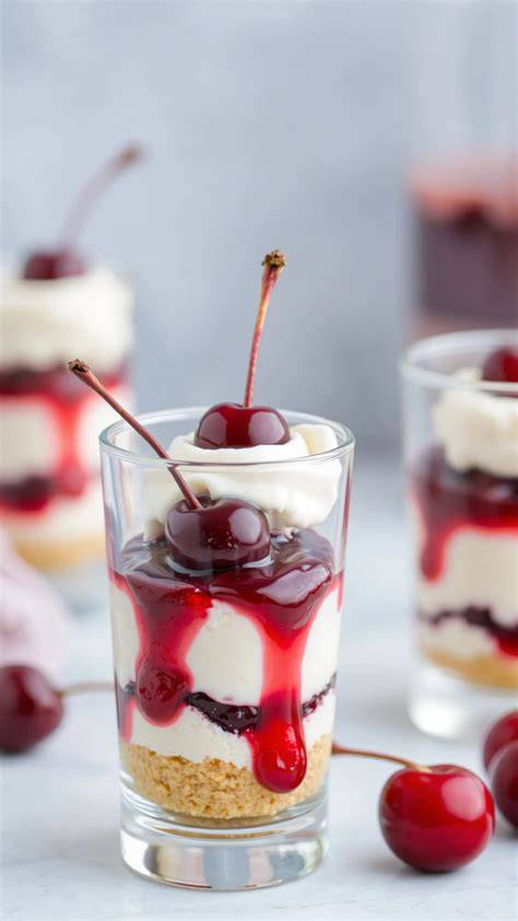 Schichten im Glas: Biskuit, Kirschen, Creme