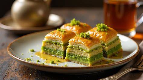 Schichten von Baklava mit gehackten Pistazien