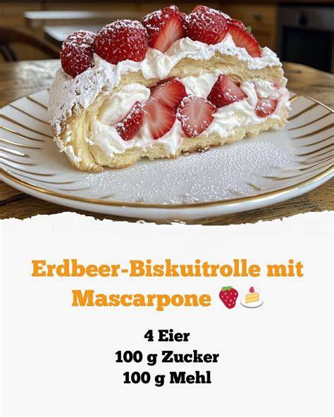Schichtenaufbau: Biskuit, Baiser, Mascarponecreme, Erdbeeren