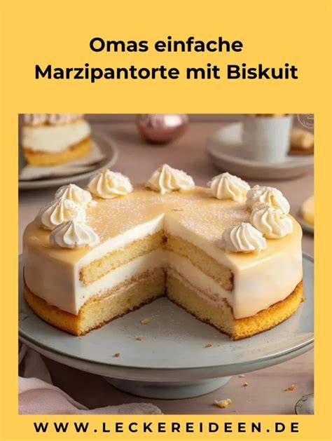 Schichtschema: Biskuit - Johannisbeer-Orange - Nusssahne - Biskuit - Nusssahne - Marzipan