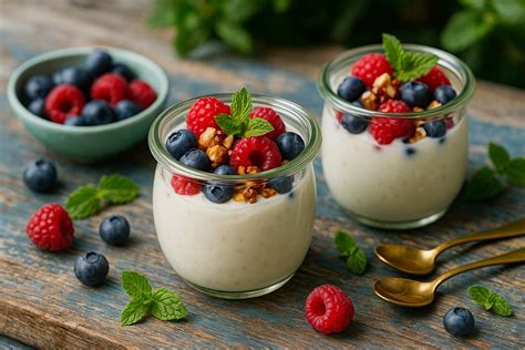 Schichtspeise mit Beeren und Minze im Glas