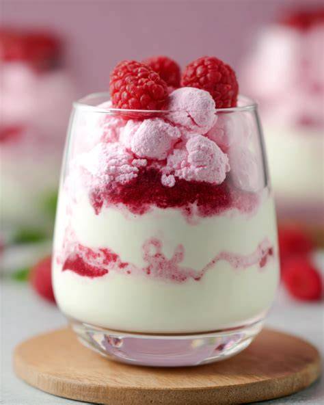 Schichtung im Dessertglas: Keks, Joghurt-Sahne-Creme, Himbeerkompott