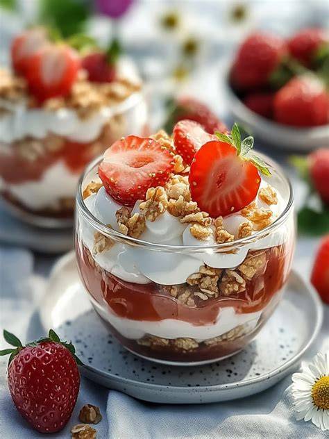 Schichtung in Dessertgläsern: Himbeerpüree, Sahne, Haferflocken