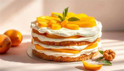 Schichtweise zusammengesetzte Pfirsich-Marzipan-Torte