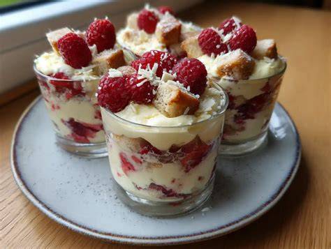 Schichtweises Schichten von Löffelbiskuits und Quarkpuddingcreme im Glas