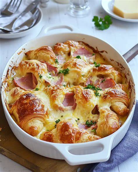 Schinken und Käse Croissant Auflauf im Ofen