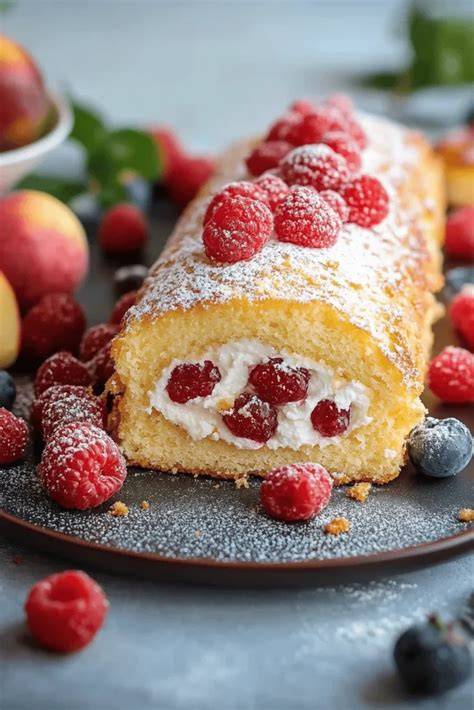 Schlagsahne und Früchte - die klassische Füllung für die Biskuitrolle