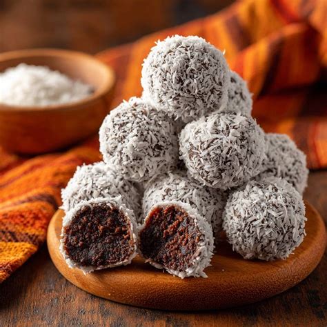 Schneeball-Gebäck mit Vanillepuddingfüllung und Zuckerschnee, angerichtet auf Holzbrett