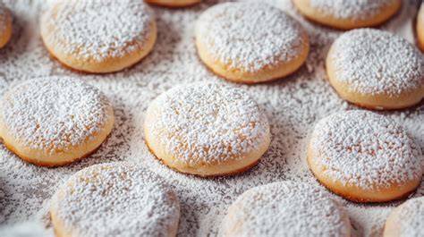 Schneeflocken-Plätzchen auf einem Backblech, bestäubt mit Puderzucker, Nahaufnahme
