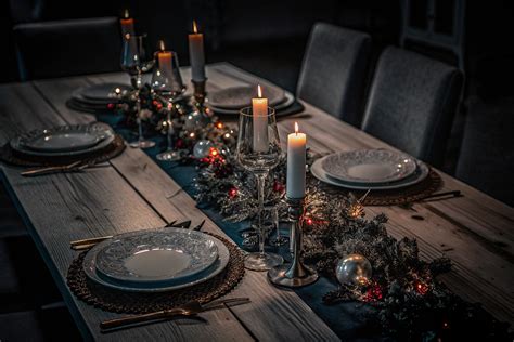 Schneegestöber auf einer festlichen, winterlichen Tafel, Nahaufnahme mit Deko