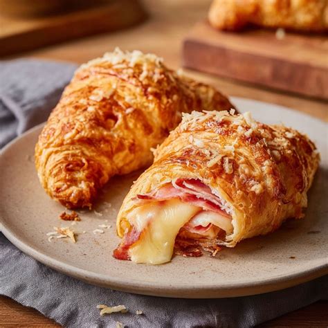 Schnittdiagramm eines Käse Schinken Croissants mit sichtbaren Schichten von Teig, Schinken und Käse