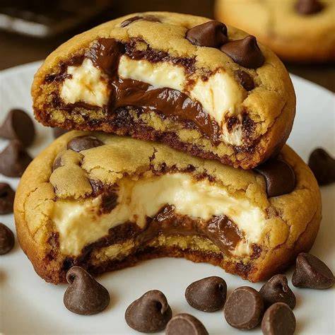 Schoko Cookies mit Cheesecake Füllung auf weißem Teller