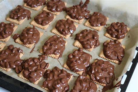 Schoko Erdnuss Kekse frisch gebacken auf Backblech