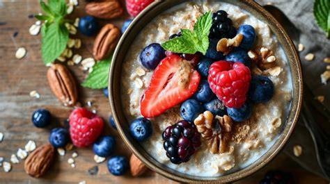 Schoko Porridge in Schale mit Beeren und Nüssen