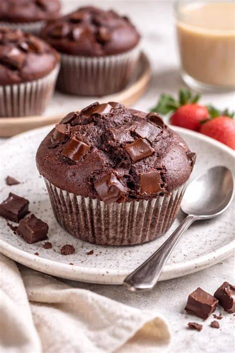Schoko Quark Muffins auf einem Teller mit Muffinförmchen