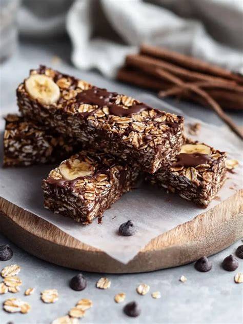 Schoko-Bananen Müsliriegel auf Holzbrett