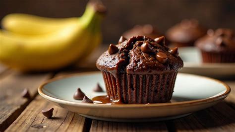 Schoko-Bananen Muffins auf einem Teller, einzelne mit Bananenscheiben dekoriert