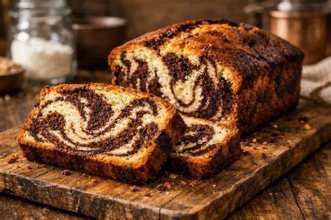 Schoko-Bananenbrot in Scheiben auf einem Holzbrett