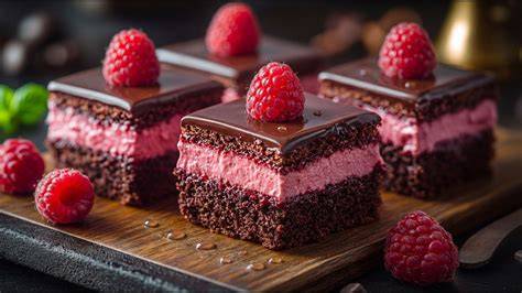 Schoko-Himbeer-Würfel mit Nougatschicht und Beeren-Dekor