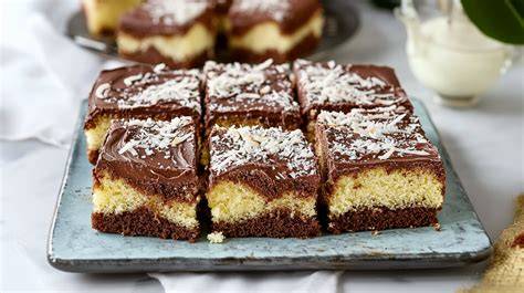 Schoko-Kokos-Blechkuchen mit Schokoladenglasur und Kokosraspeln