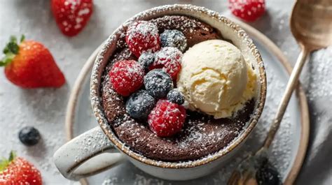Schoko-Lava-Muffins angerichtet mit Puderzucker, Beeren und Vanilleeis