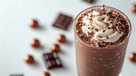 Schoko-Milchshake im Glas mit Sahne und Schokoraspeln