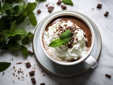 Schoko-Minz-Creme im Glas, dekoriert mit Minzblättern und After Eight Stückchen