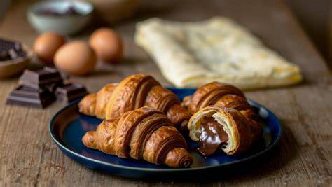 Schoko-Nuss-Croissants und Zutaten auf rustikalem Holztisch