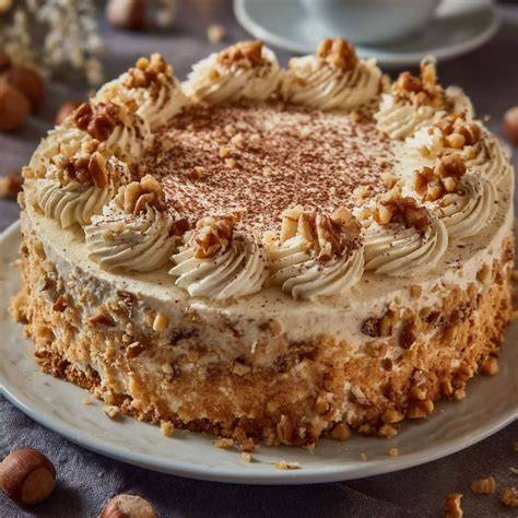 Schoko-Nuss-Torte dekoriert, angeschnitten, mit Sahne und gerösteten Nüssen
