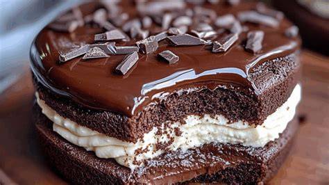 Schoko-Sahne-Torte Anschnitt mit Biskuit und cremiger Ganache