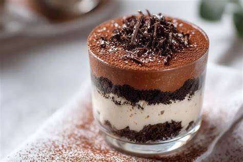Schoko-Tiramisu im Glas, Schichten aus Creme und Löffelbiskuits, Kakaopulver-Dust