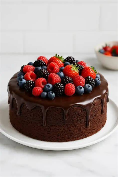 Schokokuchen mit Glasur und frischen Beeren auf einem Kuchengitter, bereit zum Auskühlen