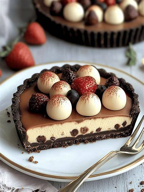 Schokoladen Espresso Tarte aufgedeckt, servierfertig mit Beeren und Kaffee