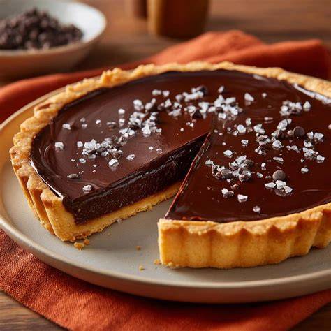 Schokoladen-Tarte auf dunklem Holztisch, angeschnitten, mit glänzender Ganache und Dekoration