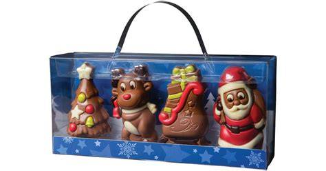 Schokoladen-Weihnachtsfiguren und festliche Geschenkboxen