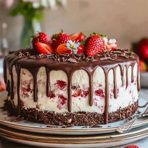 Schokoladenglasur auf der Torte verteilen, anschließend mit Yogurette und Erdbeeren garnieren