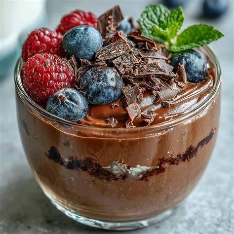 Schokoladenmousse in Glasschalen mit Schokolade und Beeren garniert
