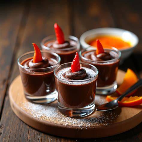 Schokoladenmousse mit Orangensauce, serviert in Orangenhälften, nahaufnahme