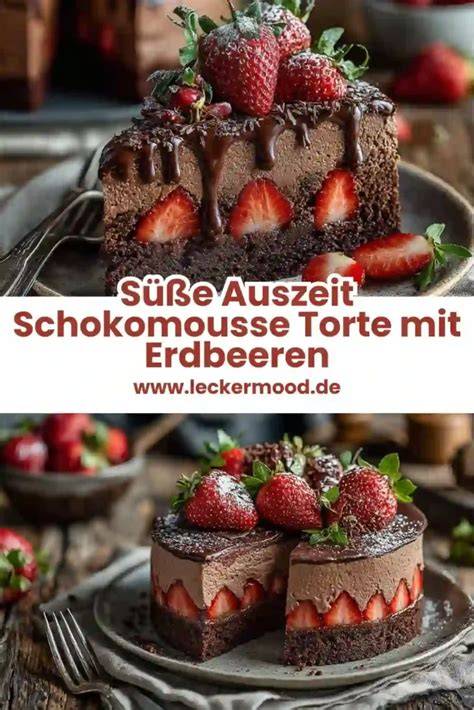 Schokoladenmousse-Torte mit Erdbeeren, angeschnitten, mit Erdbeerdeko