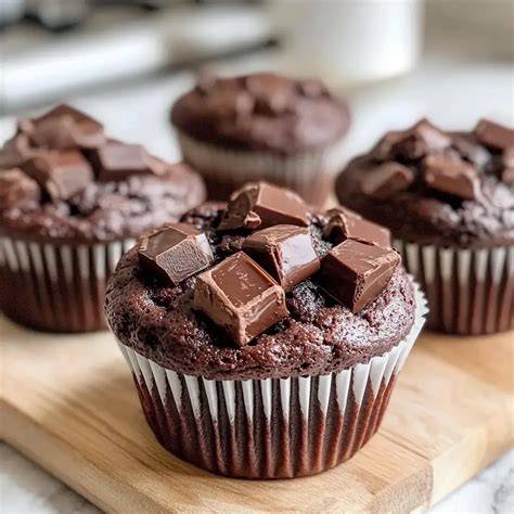 Schokoladenmuffins auf einem Kuchenteller mit Schokoladenchunks