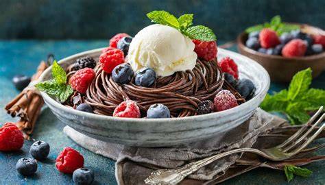 Schokoladenpudding mit frischen Beeren und Vanilleeis