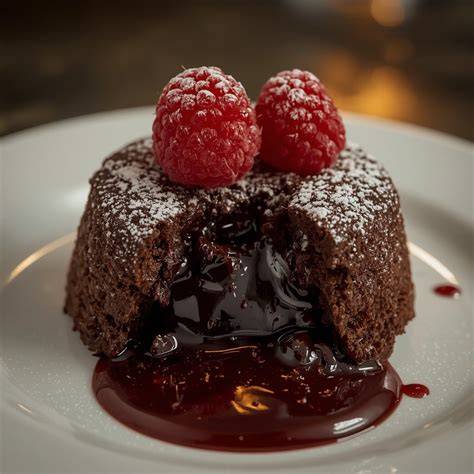 Schokoladensoufflé mit flüssigem Kern, angerichtet mit frischen Himbeeren und Puderzucker