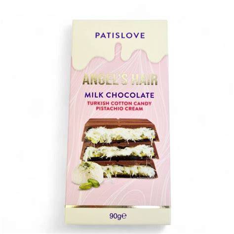 Schokoladentafel mit Angel Hair und Pistaziencreme, aufgeschnitten